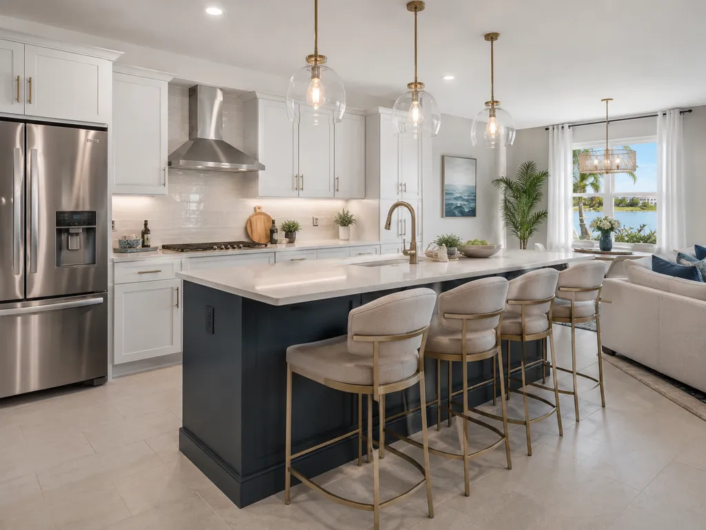 White kitchen with navy island