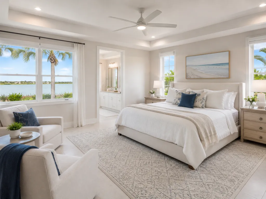 Water-view king bedroom with soft coastal linens
