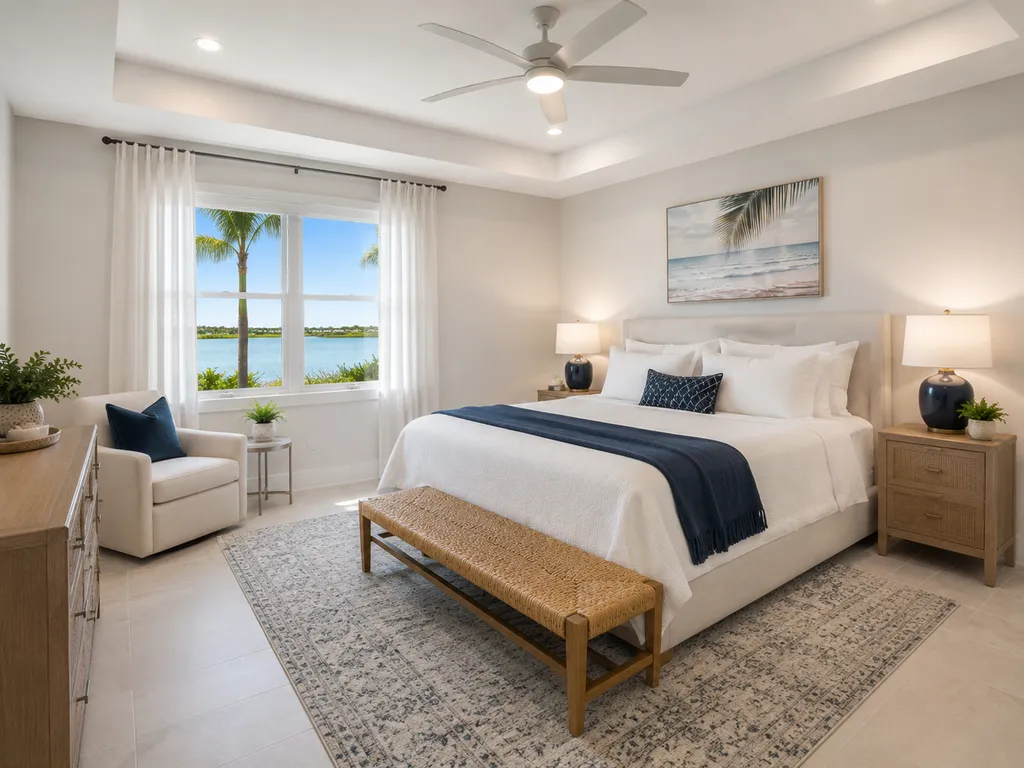 King bedroom with navy accents