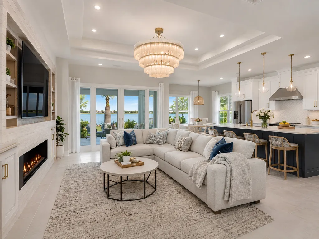 Open living room with coastal furnishings