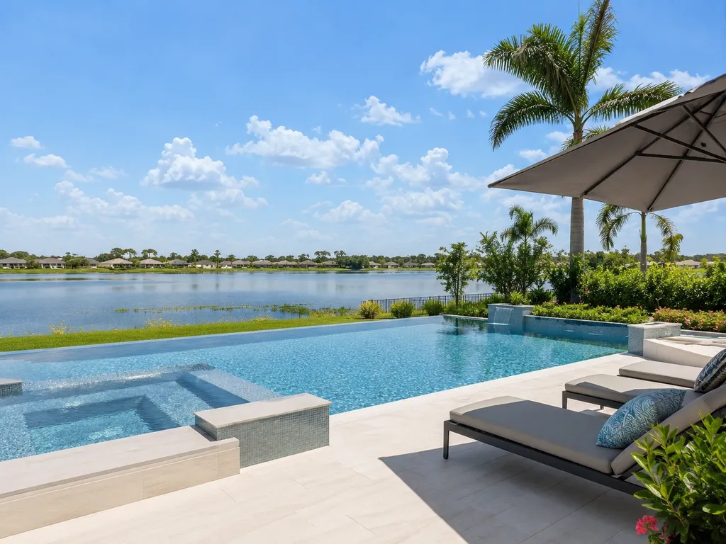 Pool and sun loungers beside the water